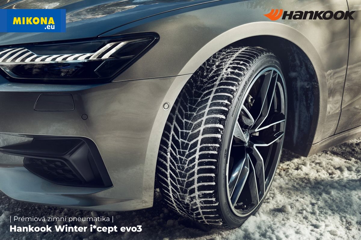 Zimní pneumatika Hankook Winter i*cept evo3 na zasněžené silnici se zaměřením na bezpečnou jízdu.